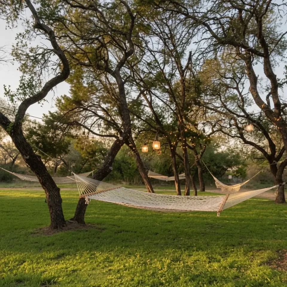 Hammocks strung between the oaks in the hammock garden