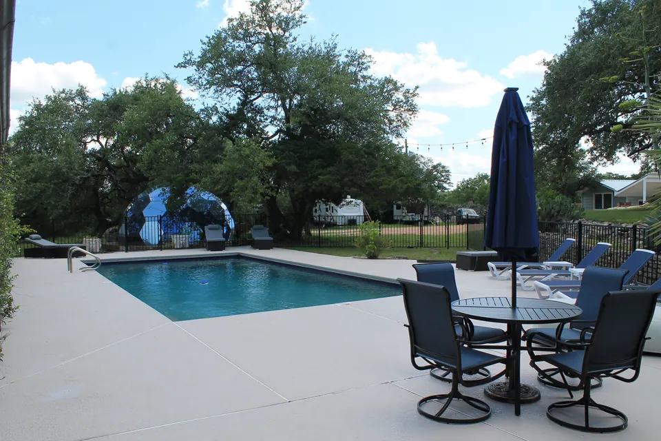 The dome seen beyond the pool deck