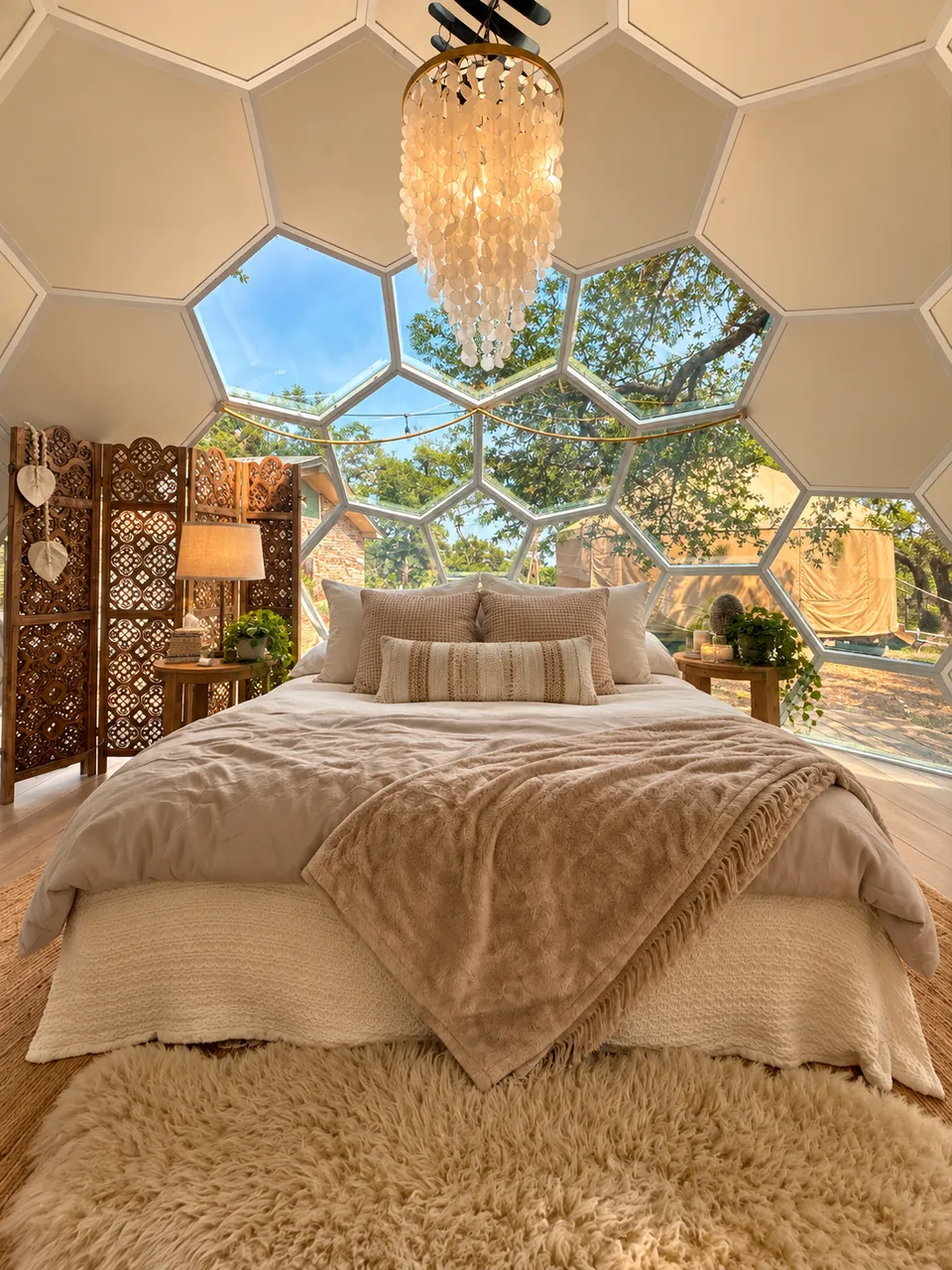The bed inside the Honeycomb Dome at AWKN Ranch
