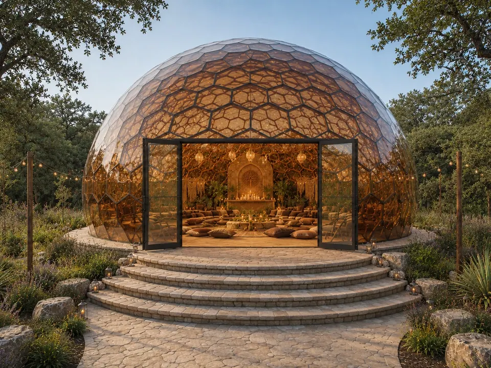 The maloka dome lit from within at dusk, doors open onto stone steps
