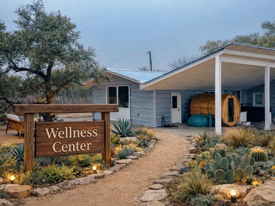 The Wellness Center at dusk, with its sauna and desert garden path