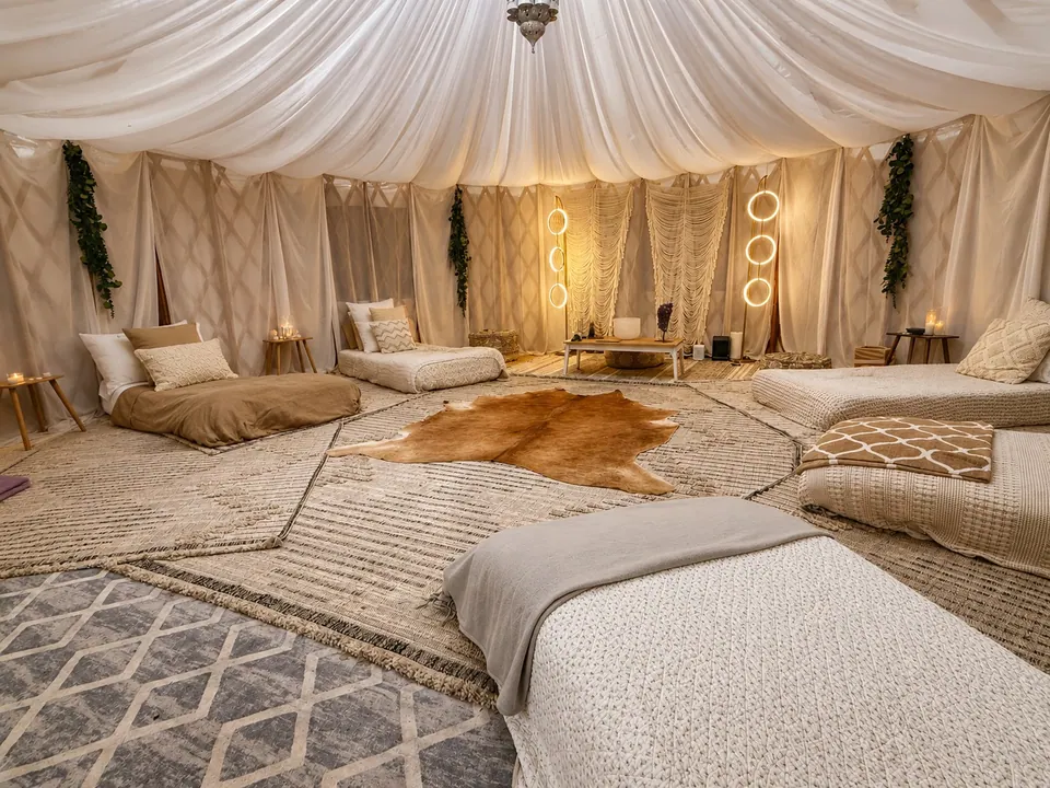 Inside a yurt, set up for an overnight stay