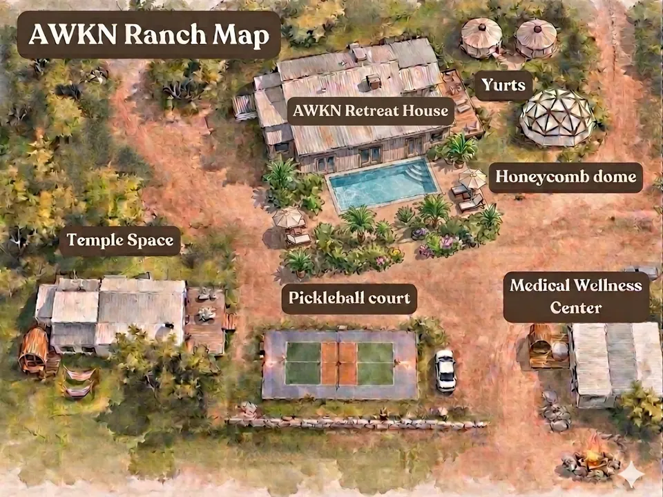 Illustrated map of AWKN Ranch showing the Retreat House, temple, yurts, honeycomb dome, pickleball court and wellness center