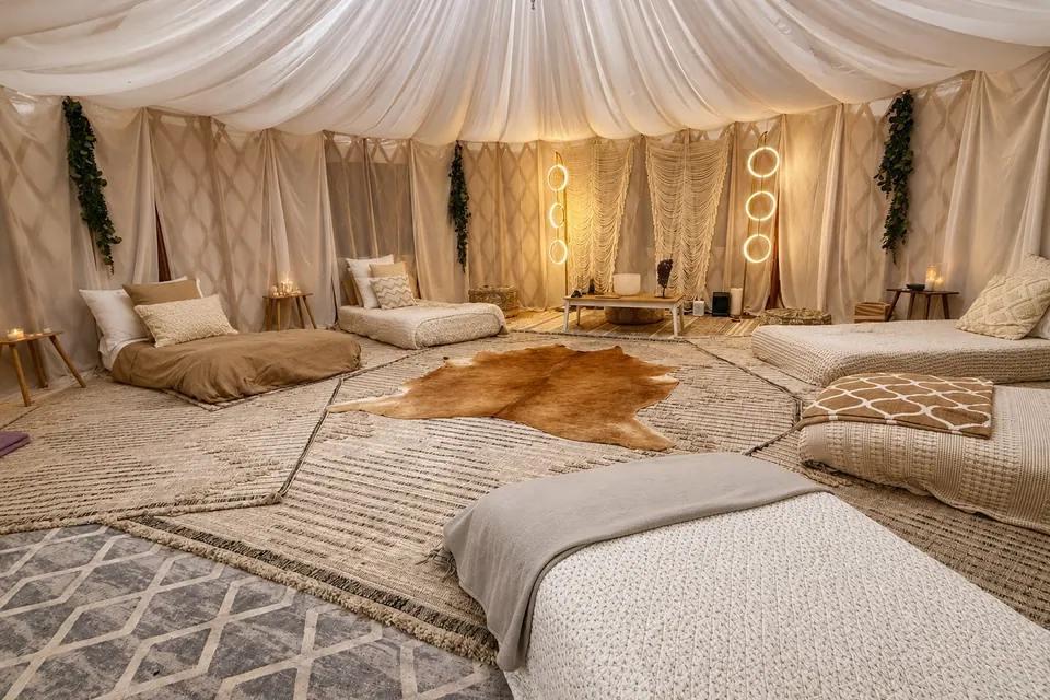 Inside one of the yurts, made up for an overnight stay