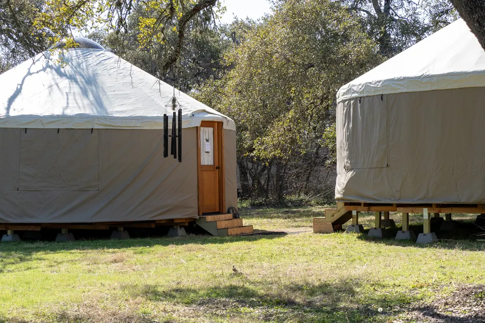 The yurts at AWKN Ranch from the outside